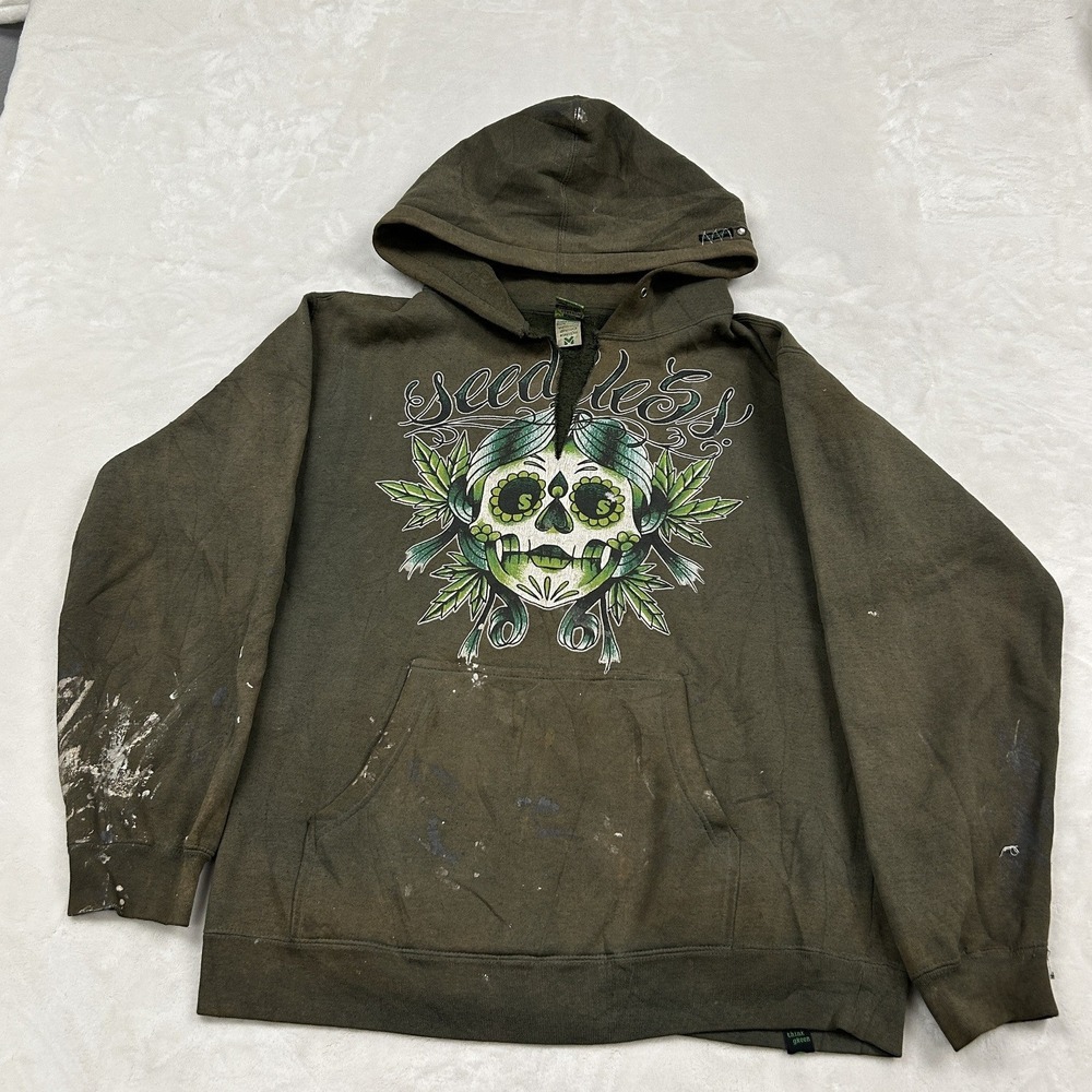 y2k Seedless Hoodie Mens M Olive Green Sugar Skull Distressed Paint Splatter USA